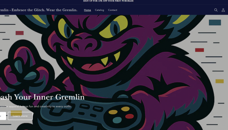 Colorful illustration of a playful gremlin character holding a video game controller, promoting the "Embrace the Glitch" brand identity for Glitch Gremlin, emphasizing creativity and fun in apparel.