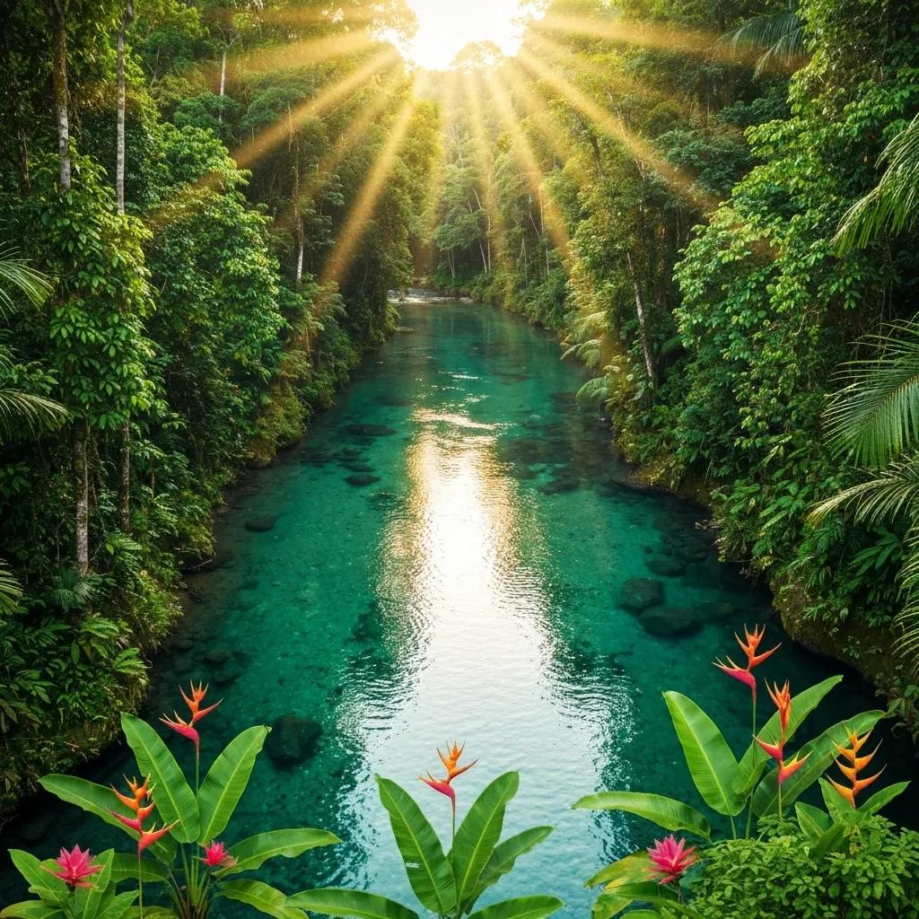 Lush tropical river scene with vibrant flowers, sunlight streaming through dense foliage, symbolizing growth and clarity in B2B content marketing strategies.