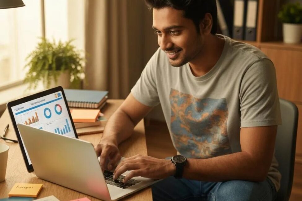 Person working on SEO keyword research in a cozy workspace with digital marketing elements