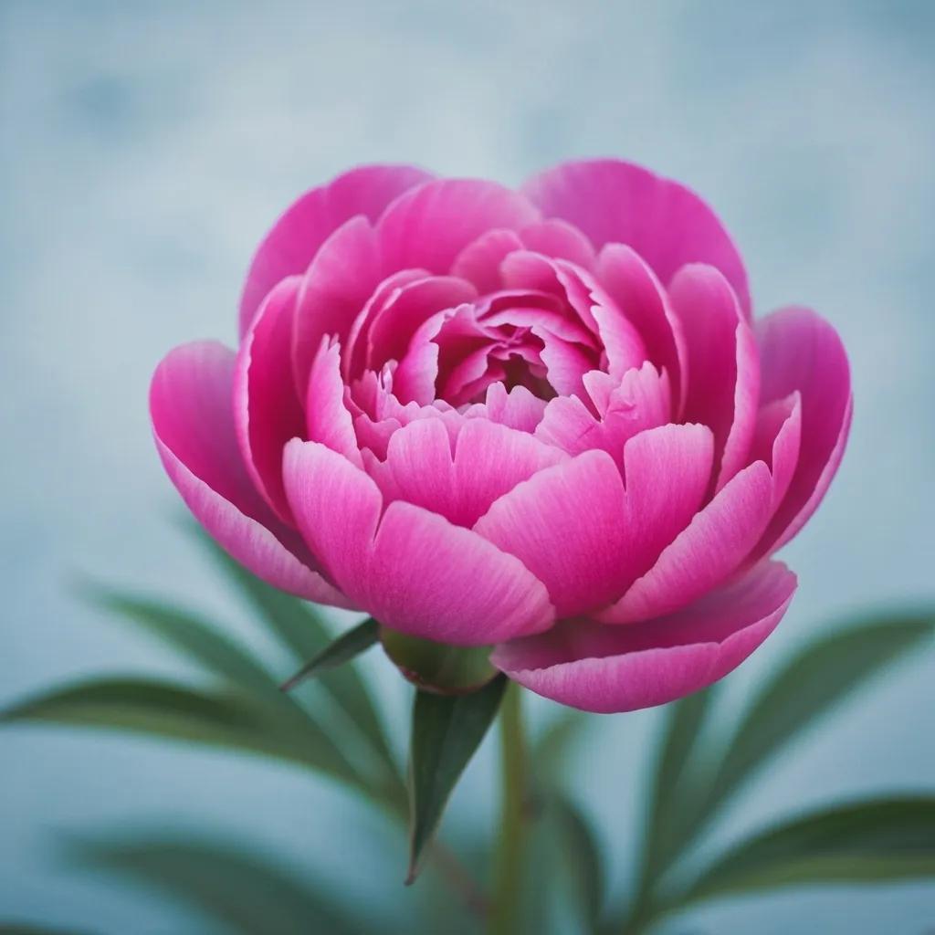 Pink peony flower with layered petals and green leaves against a soft blue background, symbolizing growth and beauty in B2B content marketing strategies.
