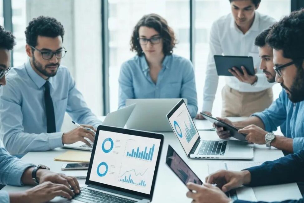 Professionals collaborating on social media analytics in a modern office