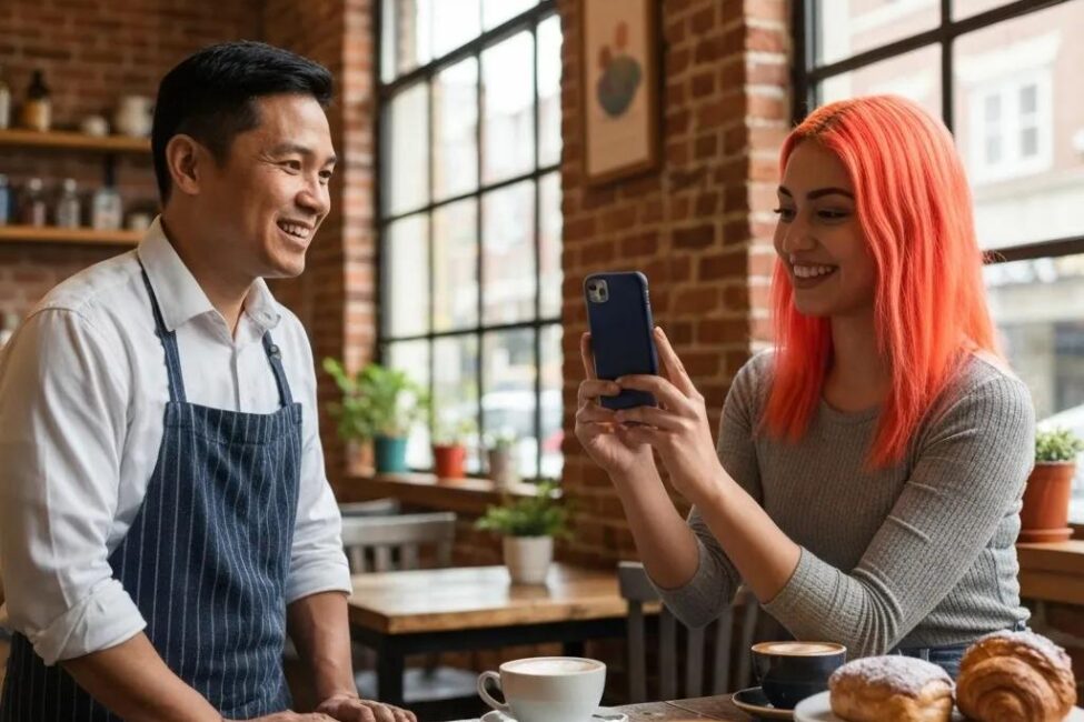 Small business owner and influencer collaborating in a caf&eacute;, highlighting influencer marketing partnerships