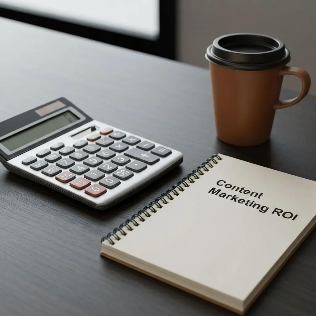 Calculator and notebook titled "Content Marketing ROI" on a desk with a coffee cup, symbolizing financial analysis and content marketing evaluation for small businesses.