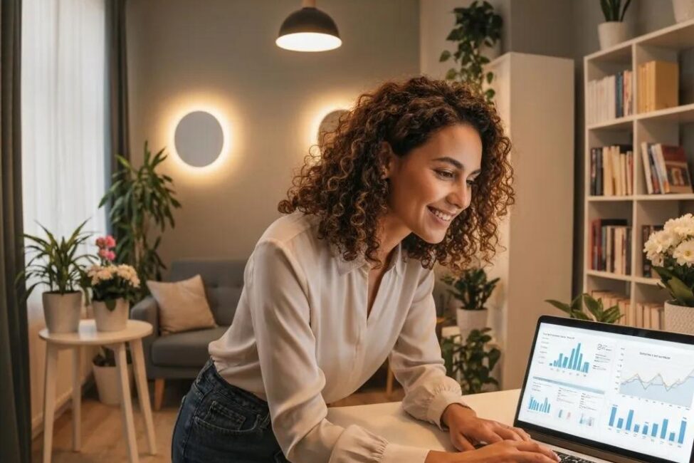 Small business owner reviewing SEO data on a laptop in a cozy office
