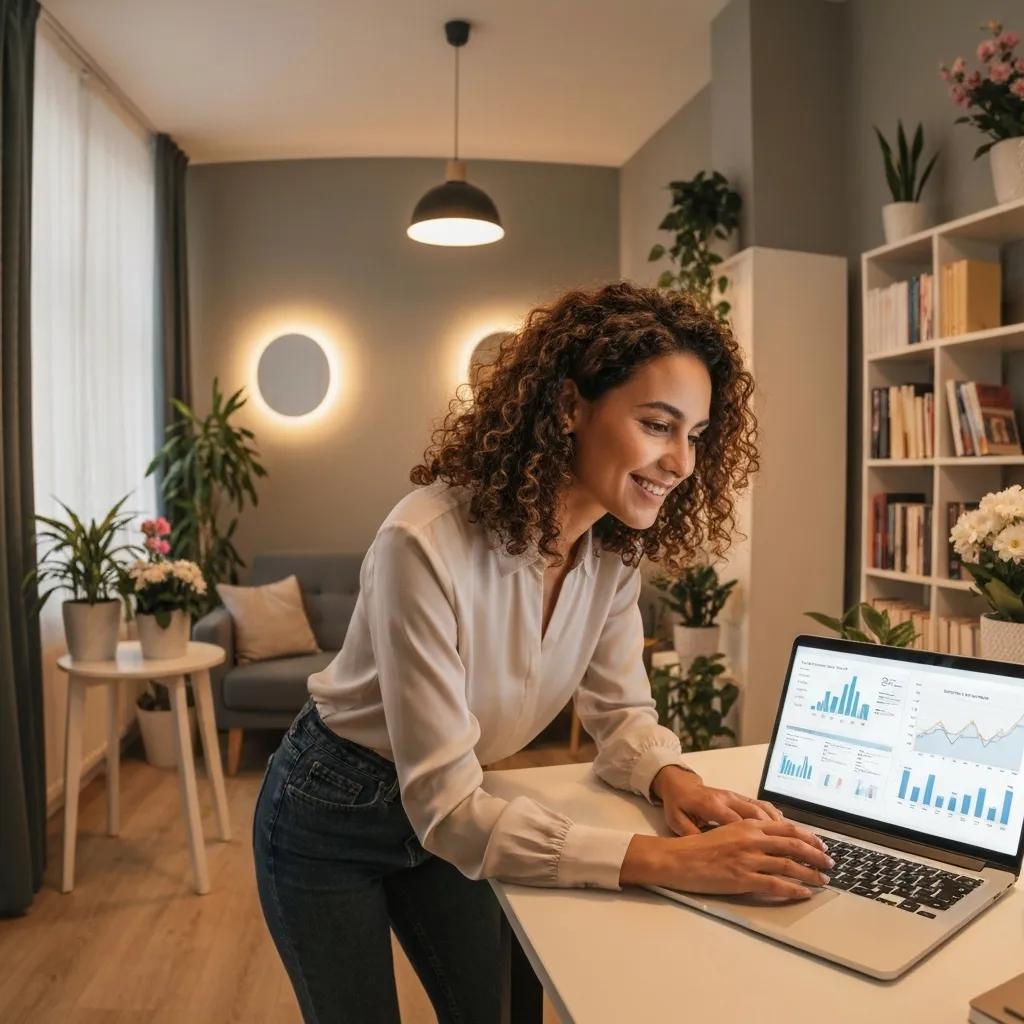 1be2cd82-5e4b-49d9-8035-3cde00e94d06.webp Woman analyzing digital marketing data on laptop in a modern office setting, emphasizing SEO and performance metrics for small businesses.