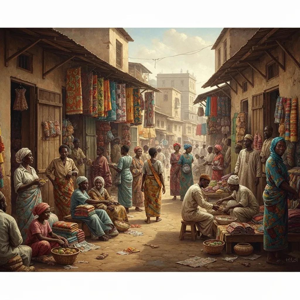 Market scene with diverse people engaging in commerce, vibrant textiles displayed on stalls, showcasing local culture and community interaction.