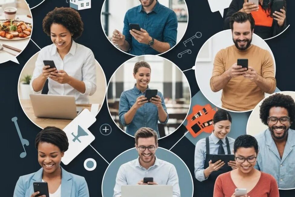 Diverse small business owners engaging with social media on devices, representing social media marketing solutions