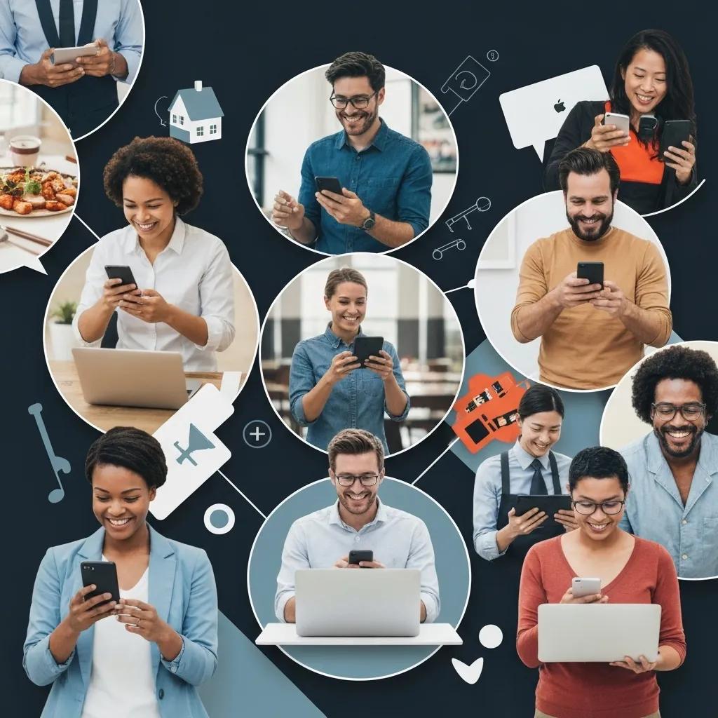 Diverse group of people engaging with smartphones and laptops, illustrating social media interaction and digital marketing strategies for business growth.