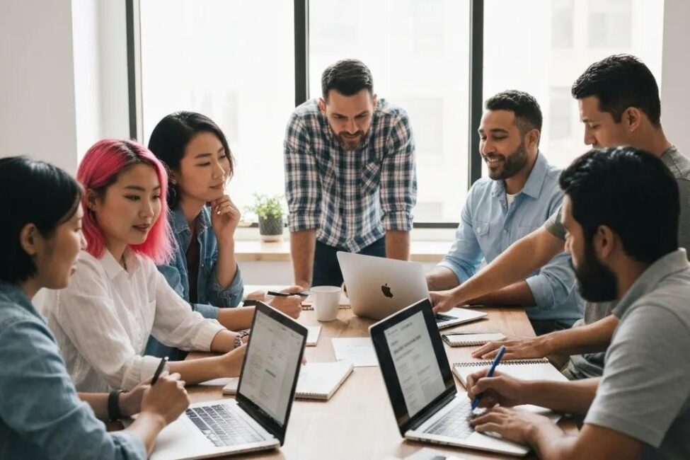 Diverse team collaborating on blog content strategy in a modern workspace