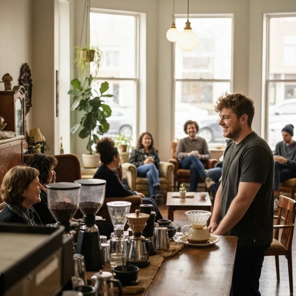 Barista engaging with customers in a cozy café setting, highlighting community interaction and brand loyalty through conversation and service.