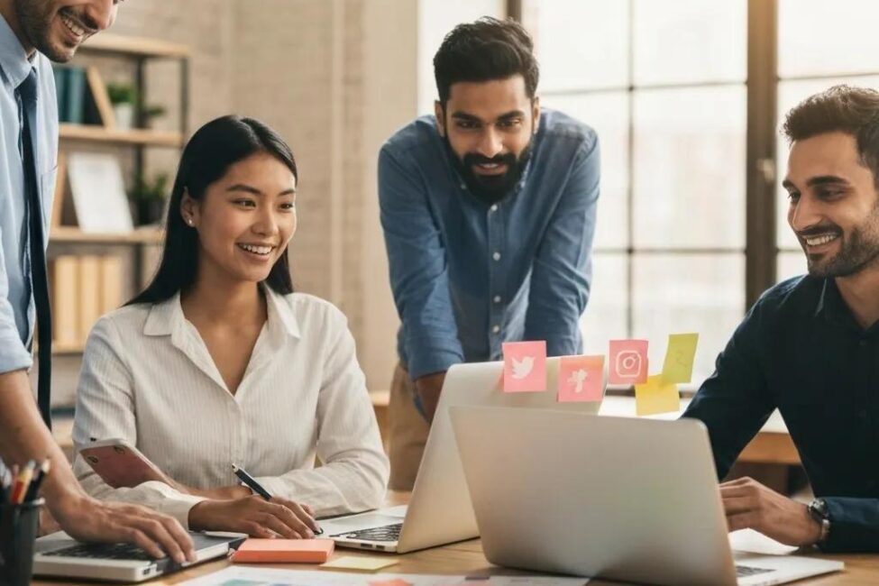 Diverse small business owners collaborating on social media advertising strategies in a modern workspace