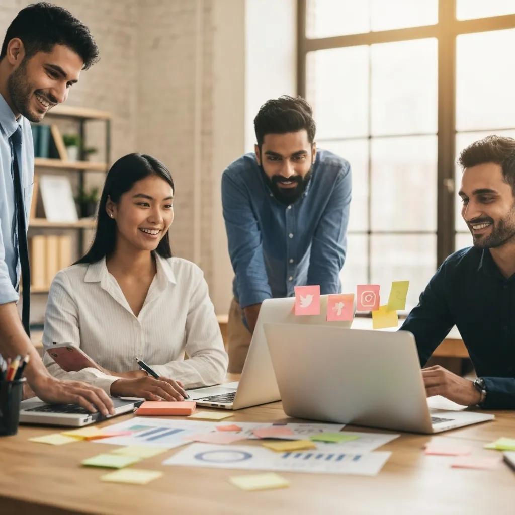 38f8f68e-c707-407f-8a98-1ce19743fd96.webp Team collaborating on social media advertising strategies, analyzing data on laptops, and discussing insights in a modern office setting.