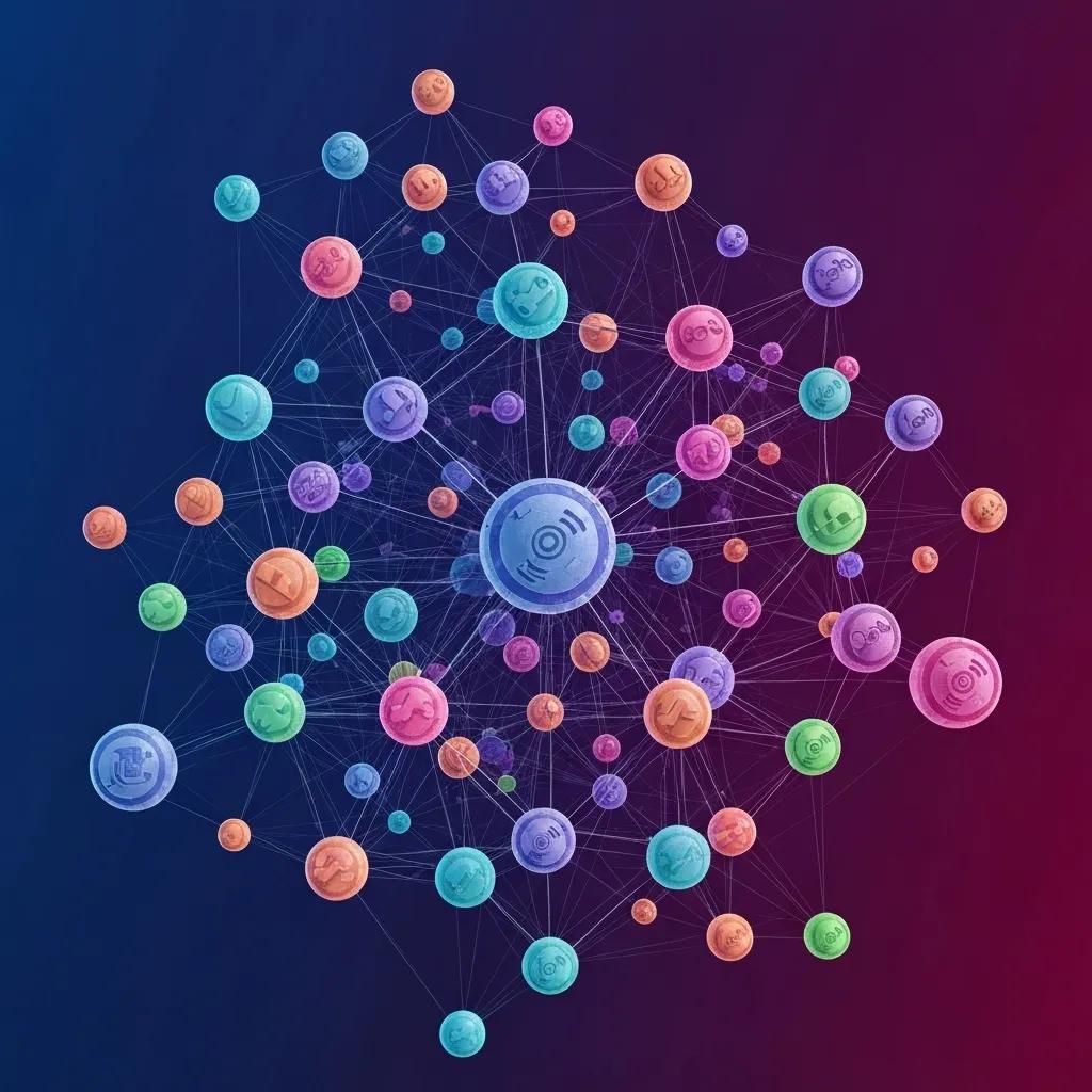 Colorful network of social media icons and emoticons connected by lines, representing digital engagement and community interaction in social media management.