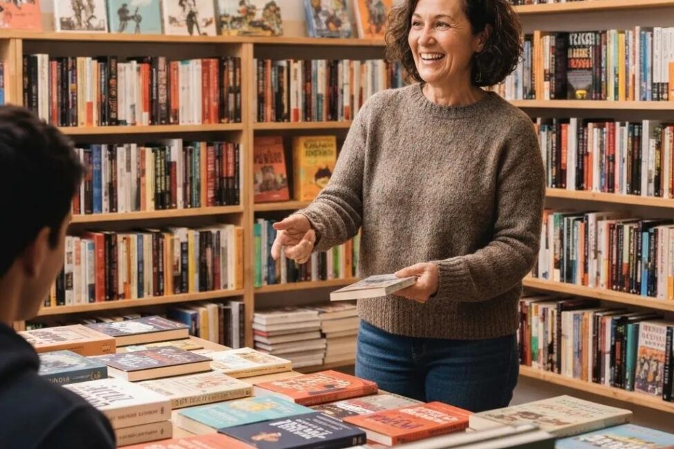 Woman in a cozy sweater engaging with a customer in a bookstore, showcasing books on a table, surrounded by shelves filled with various titles, promoting local business and community engagement.