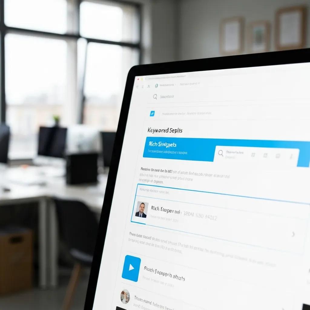 Computer screen displaying SEO dashboard with keyword snippets and analytics, emphasizing rich snippets and engagement metrics in a digital marketing workspace.