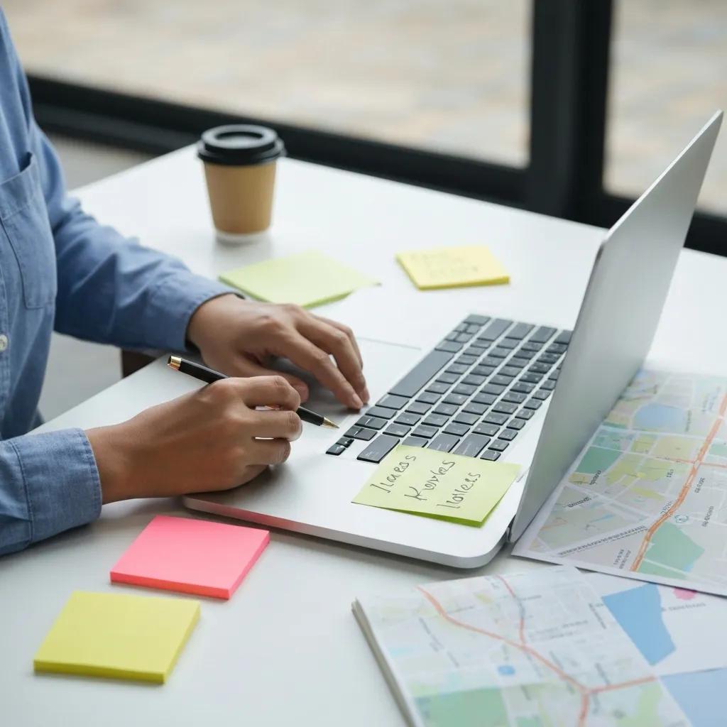 Person writing notes and typing on a laptop with sticky notes, coffee cup, and maps, illustrating local content marketing strategies for small businesses.