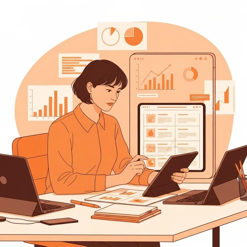 Woman analyzing data on tablet, surrounded by laptops and charts, representing content strategy and marketing analytics.
