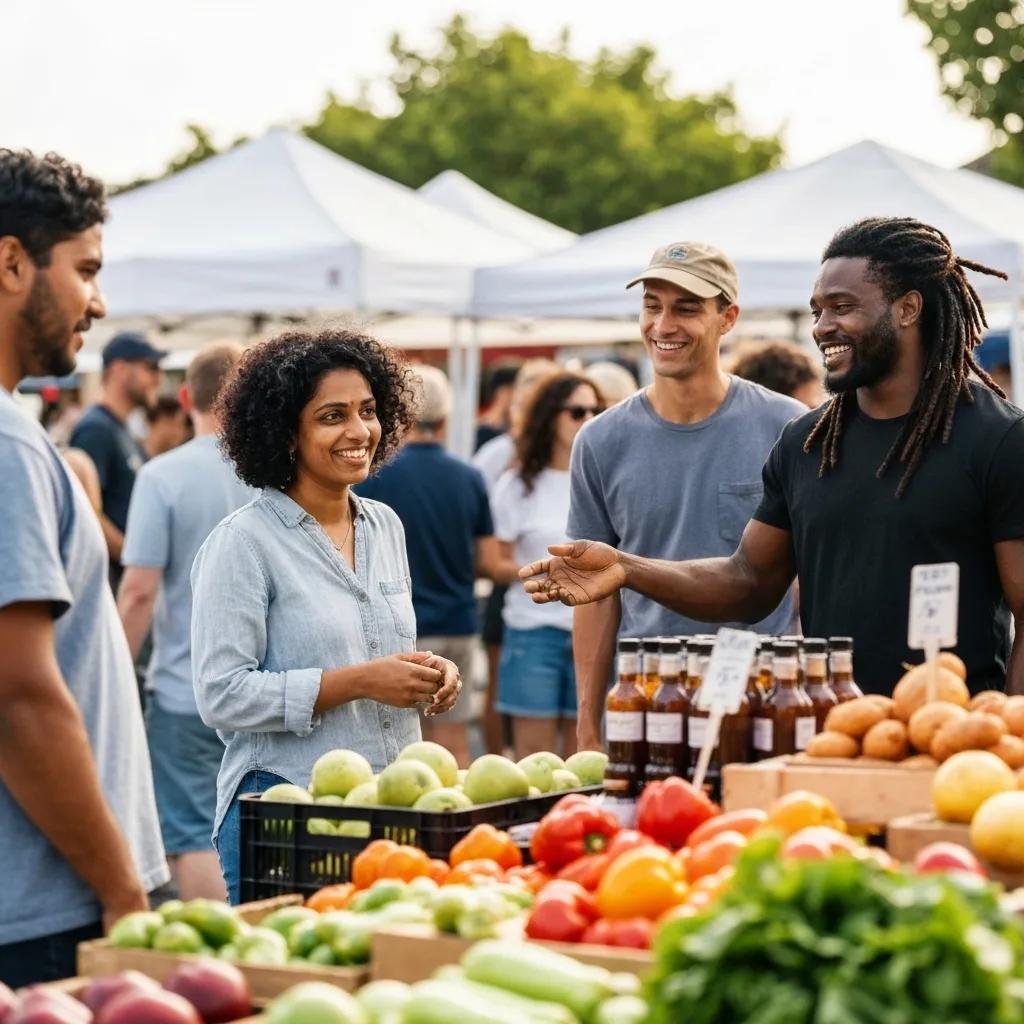 4e6ed62d-9cc4-4f84-a769-7fe4a4ffa22d.webp People engaging at a local farmers market, interacting over fresh produce and local goods, emphasizing community connection and local content marketing strategies for small businesses.