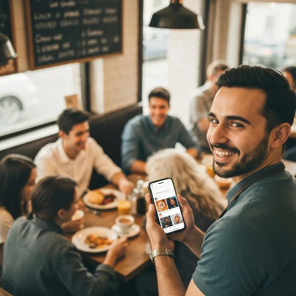 Smiling man in café holding smartphone displaying social media content, with friends dining in the background, illustrating engagement strategy for local businesses.