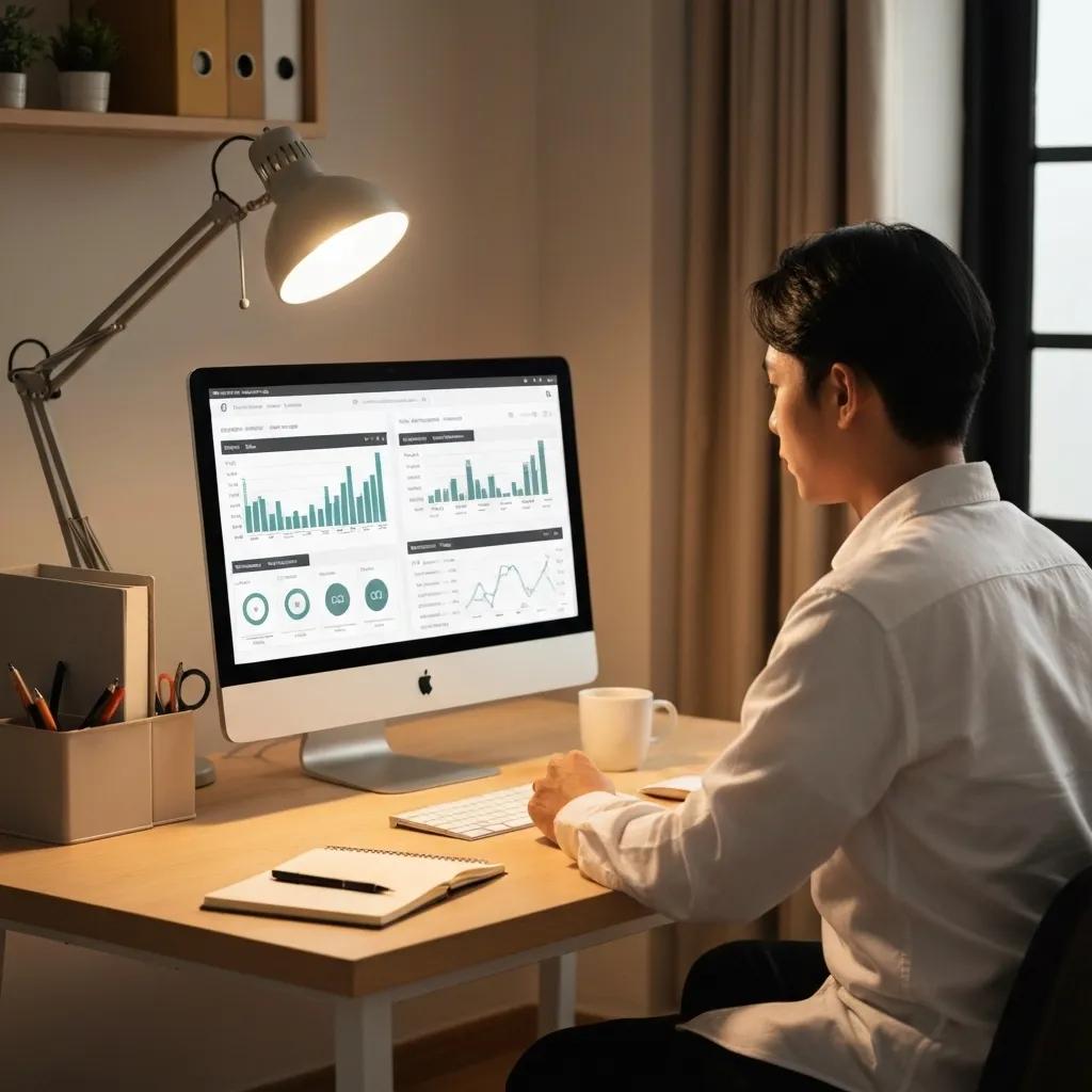 Person analyzing SEO performance metrics on a desktop computer, featuring graphs and charts, in a workspace setting with a notebook and coffee cup.