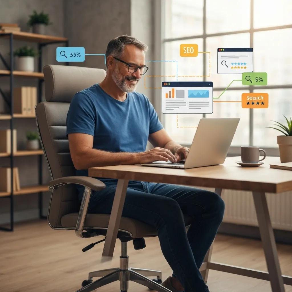 Man working on laptop, analyzing SEO metrics with graphs and ratings, emphasizing digital marketing strategies for small business growth.