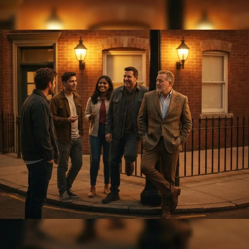 5d4342b9-9c87-4757-95c3-2c64213dfa86.webp Group of five diverse friends engaging in conversation on a city street at dusk, with warm streetlights illuminating a brick building, reflecting a friendly social atmosphere relevant to community and engagement in social media management.