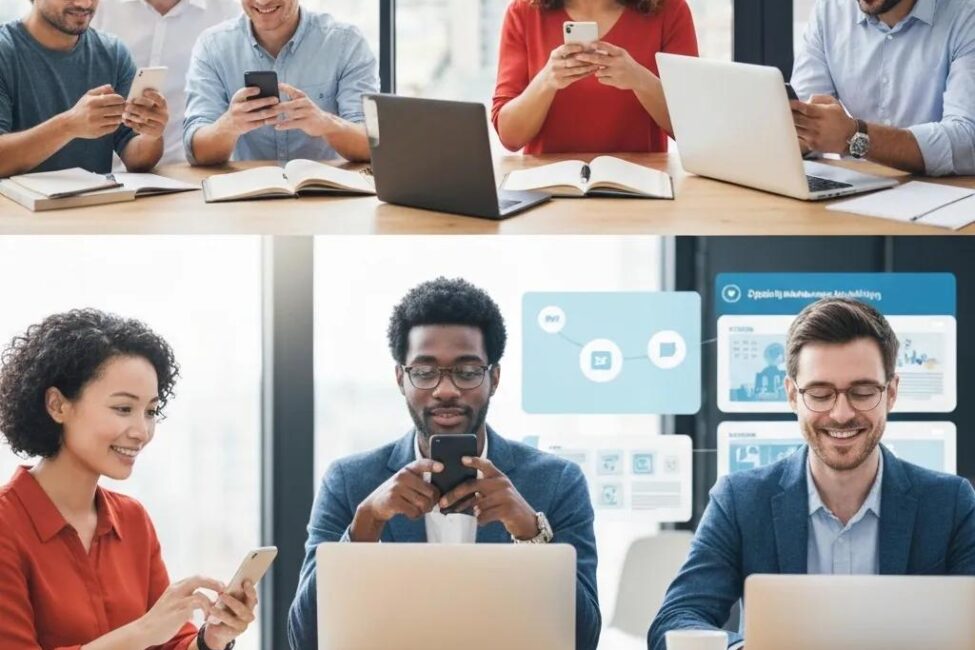 Diverse group collaborating on digital marketing strategies with devices in a modern workspace