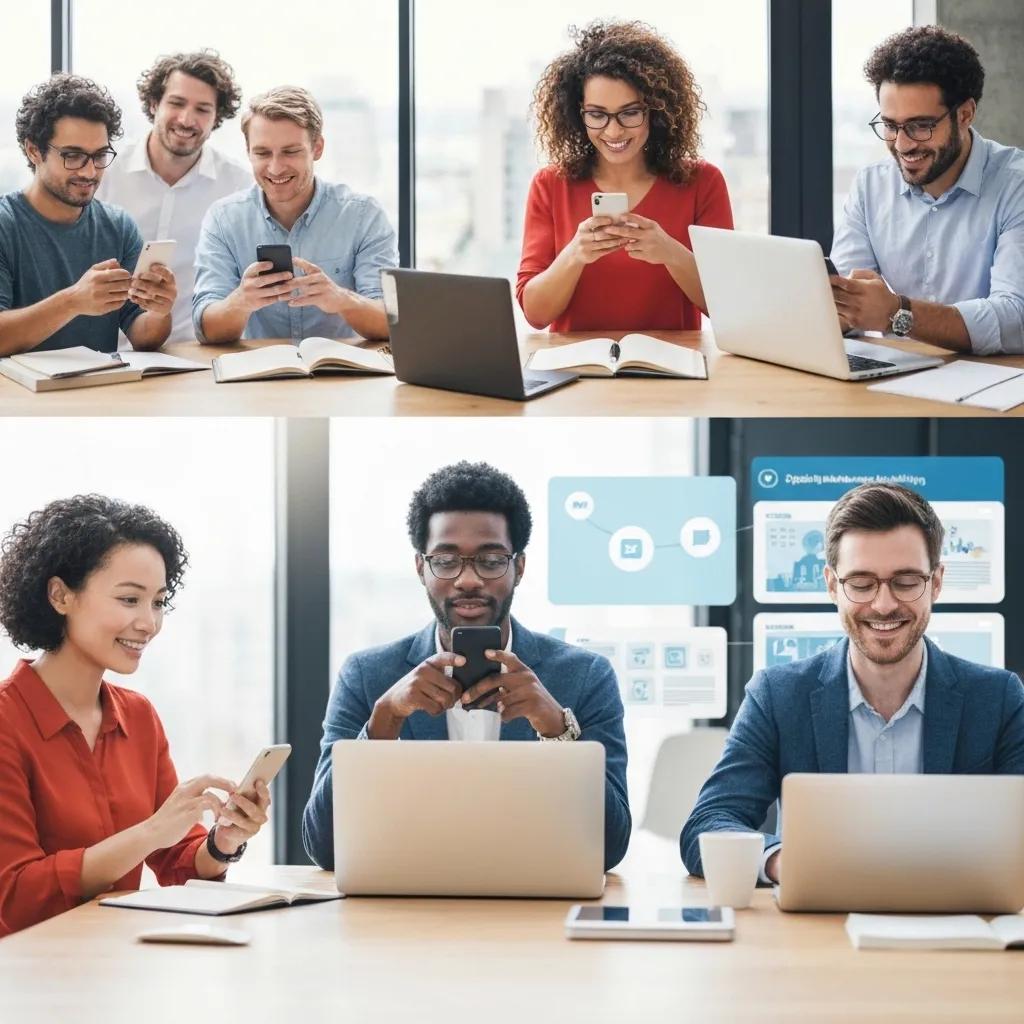 5e428a26-ffeb-4076-a268-51bc42279e84.webp Group of diverse professionals engaging with smartphones and laptops, illustrating digital marketing collaboration and strategy adaptation in a modern workspace.