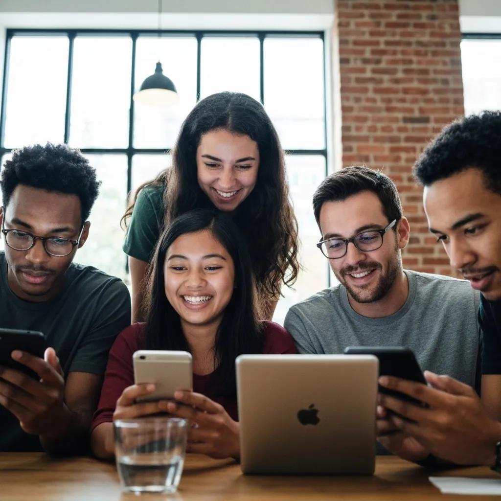 Group of diverse young adults engaging with mobile devices and a laptop, illustrating collaborative content analysis and audience engagement in a marketing context.