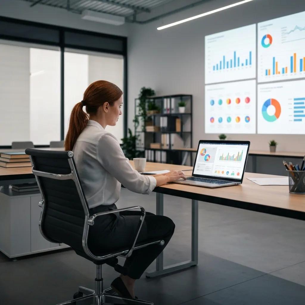 Woman analyzing data on laptop in modern office, with graphs and charts displayed on wall, emphasizing audience research and social media strategy.