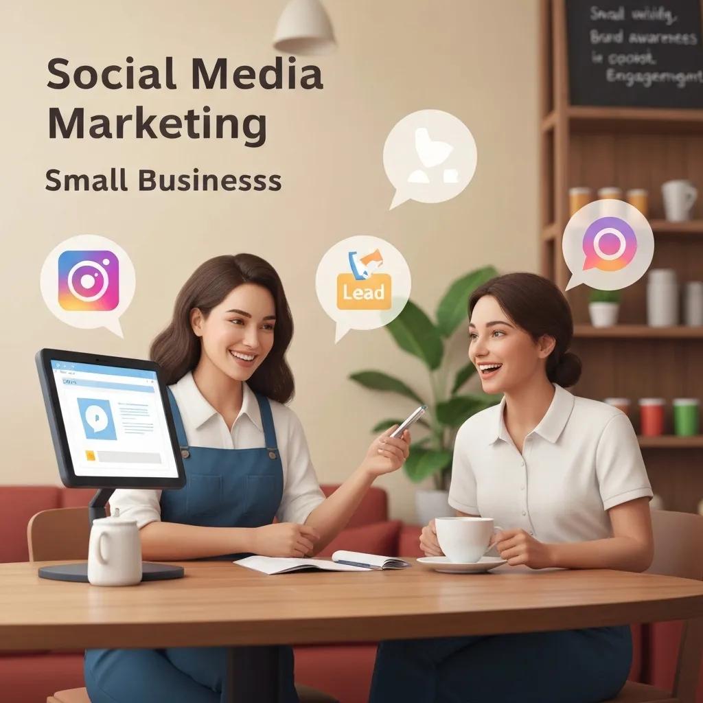 A small business owner happily engaging with customers on social media, highlighting the benefits of social media marketing