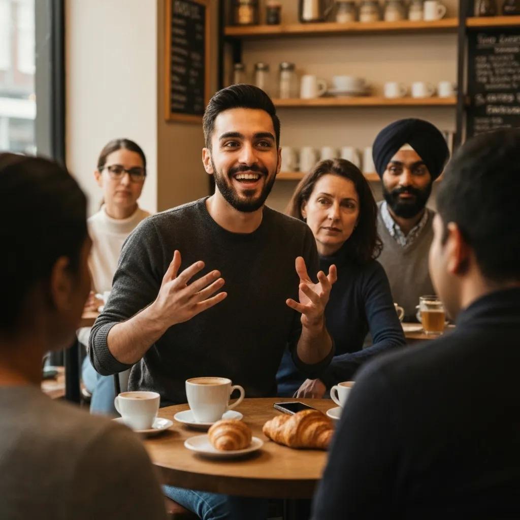 A storyteller engaging a diverse audience in a cozy local café setting