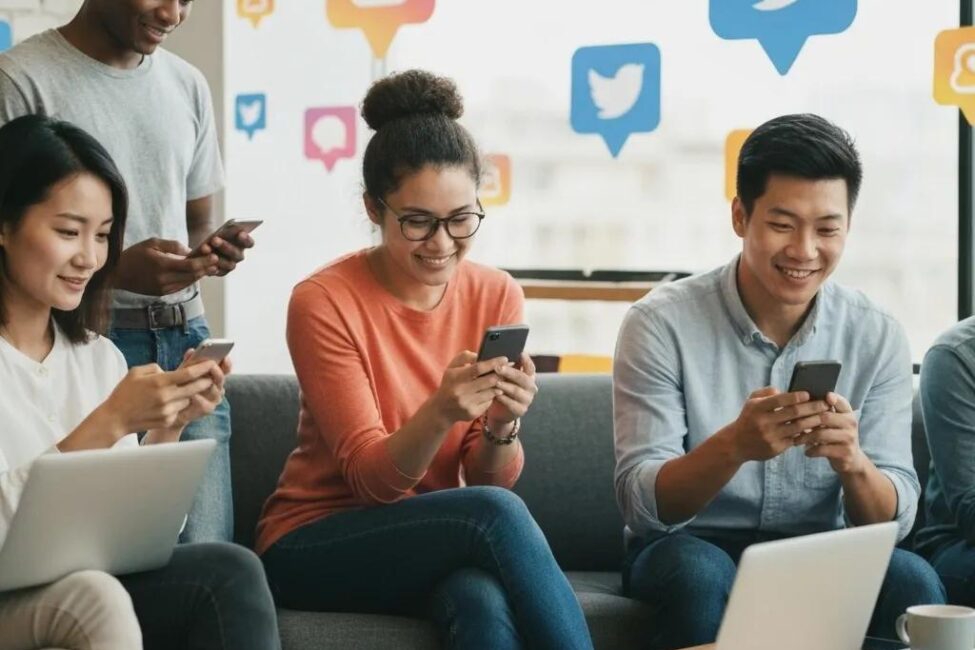 Diverse group of people engaging with social media in a caf&eacute; setting