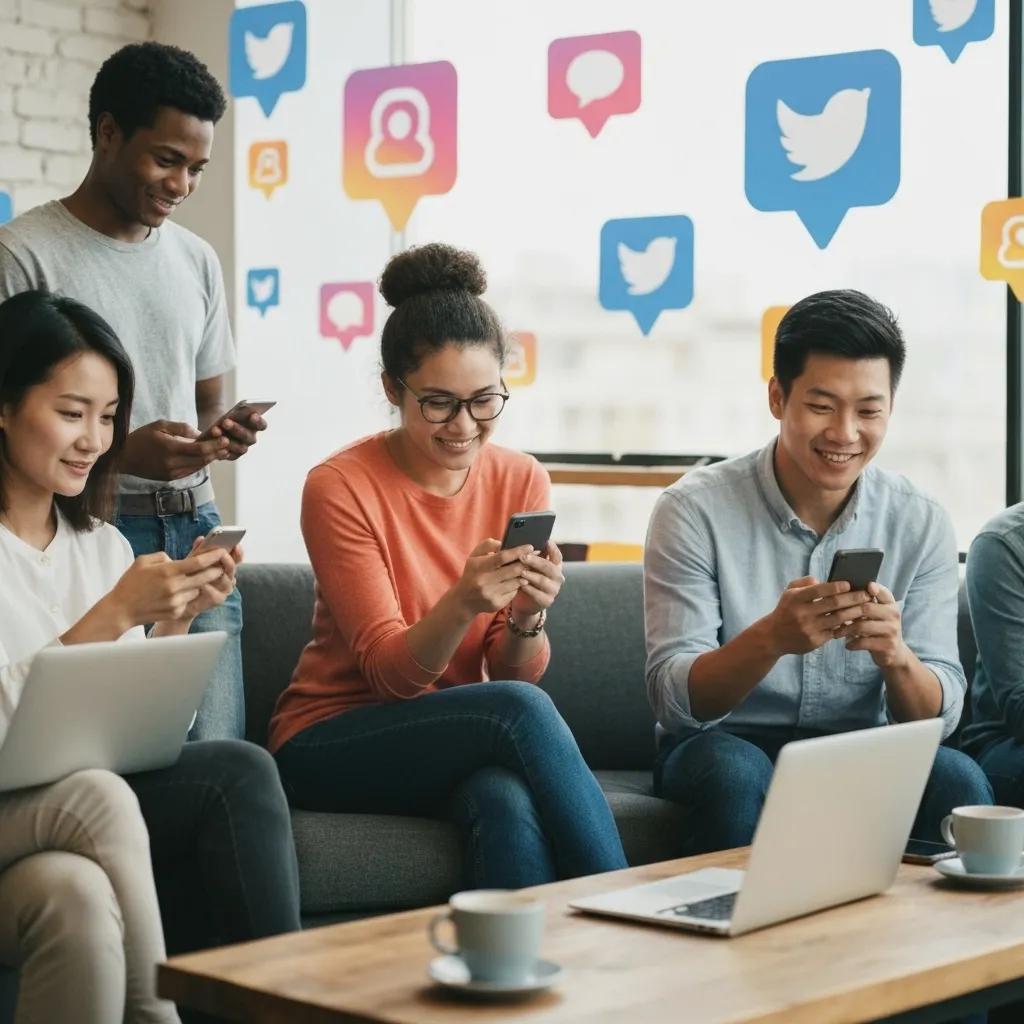 Group of diverse individuals engaging with smartphones, seated on a couch, with social media icons in the background, illustrating effective social media engagement strategies for brands.