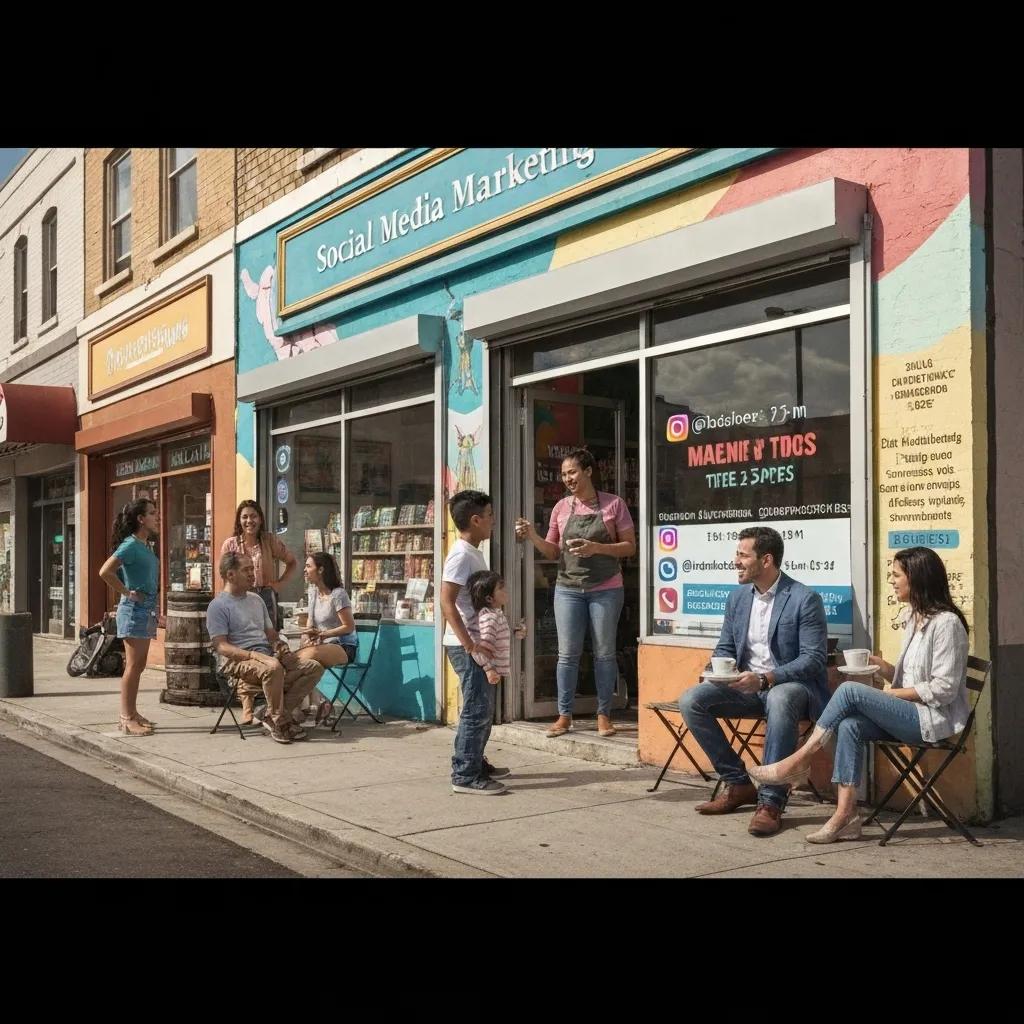 Local café promoting social media marketing with engaged customers, outdoor seating, and vibrant storefront, illustrating community interaction and targeted marketing strategies.