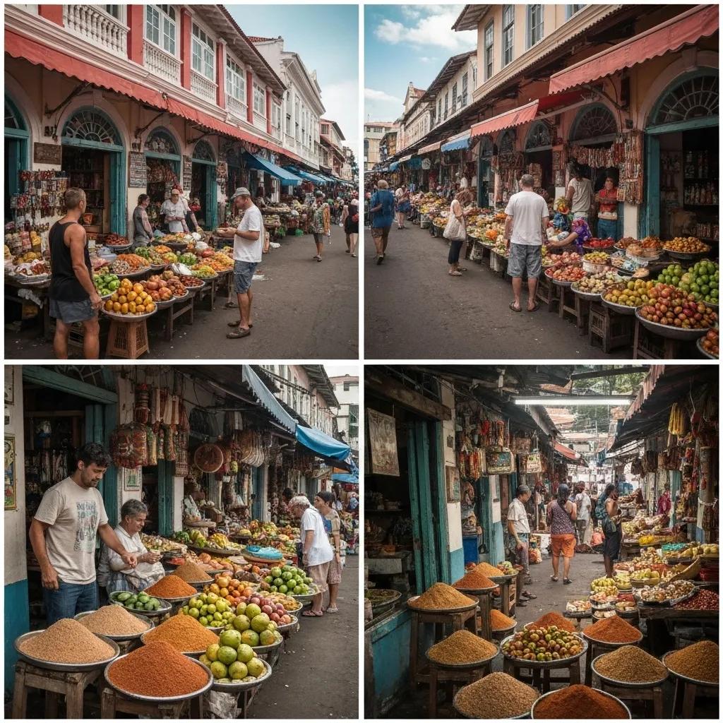 Market scene with vibrant fruit and spice stalls, shoppers interacting, and colorful storefronts, reflecting B2B content marketing's emphasis on engaging visuals and strategic presentation.