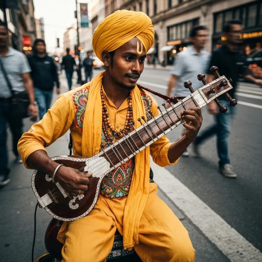 Musician in vibrant yellow attire playing a traditional string instrument on a busy street, embodying local culture and creativity, relevant to on-page SEO strategies for enhancing online presence.