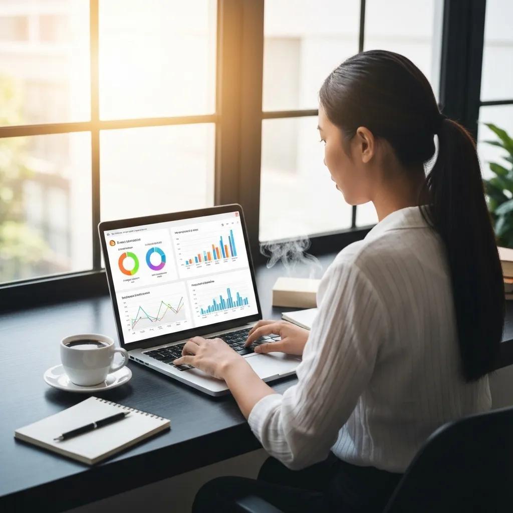 Woman analyzing digital marketing data on laptop with graphs and charts, coffee cup and notebook on desk, in bright office setting.