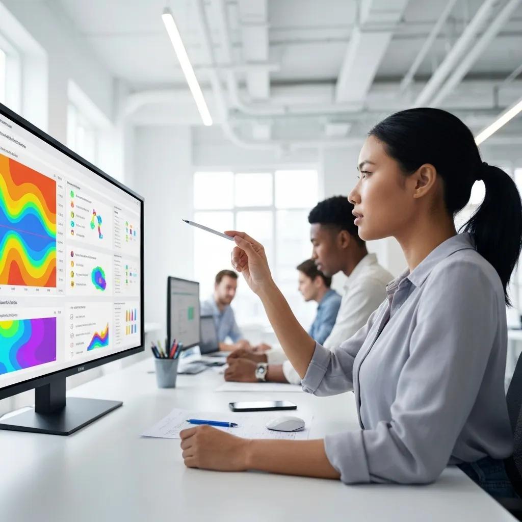 A professional intently analyzing user behavior data displayed on a large monitor in a modern office environment