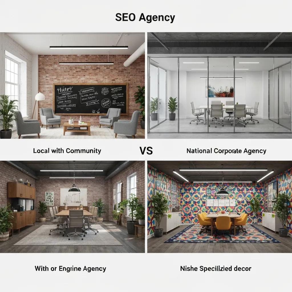 SEO agency office environments showcasing local community-focused design with casual seating and chalkboard wall versus sleek, corporate-style meeting room, highlighting differences in agency atmosphere and culture.