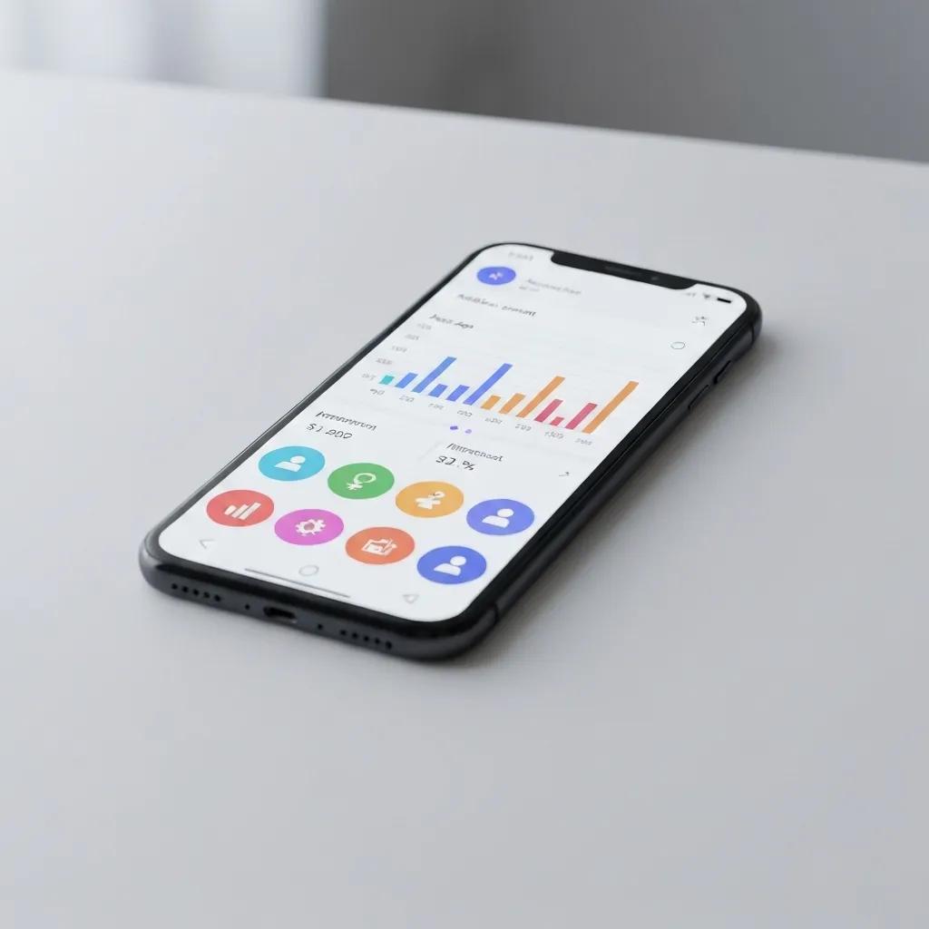 Smartphone displaying social media analytics dashboard with colorful graphs and performance metrics, illustrating data-driven insights for business growth and audience understanding.