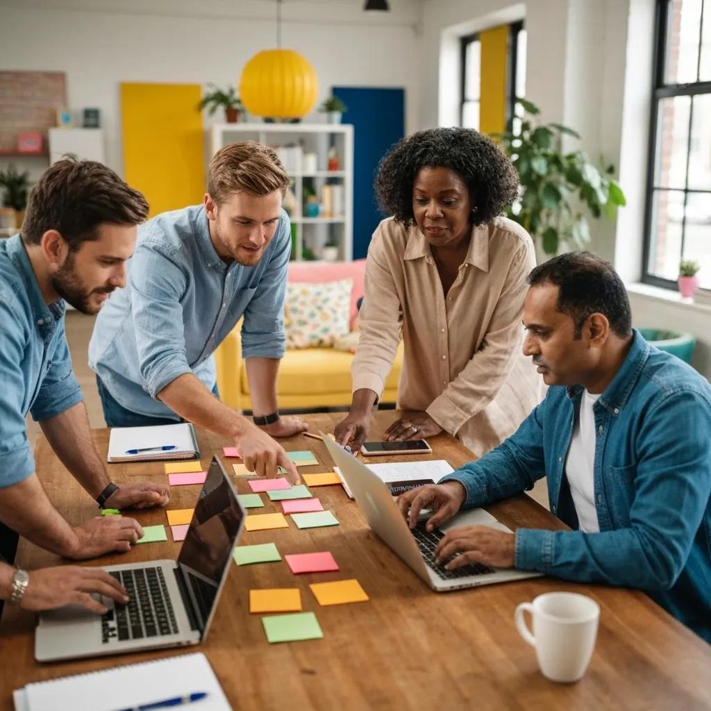 Team collaborating at a table with laptops and colorful sticky notes, discussing strategies for digital marketing and social media management.