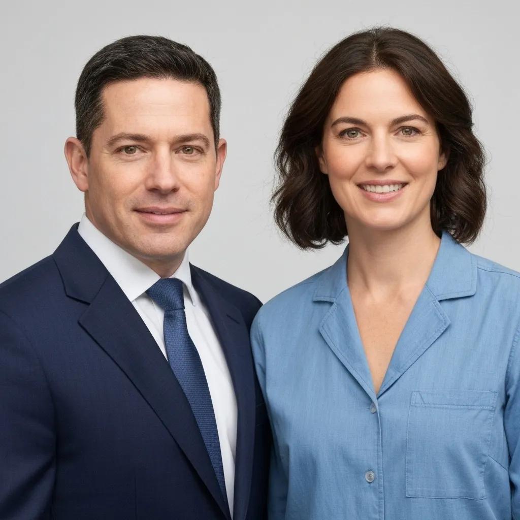 Professional duo in business attire, representing a brand-focused approach to community management and social media engagement.