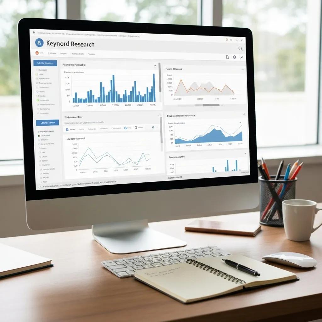 Computer monitor displaying keyword research analytics dashboard with graphs and data, emphasizing SEO content strategy and keyword analysis for digital marketing success.