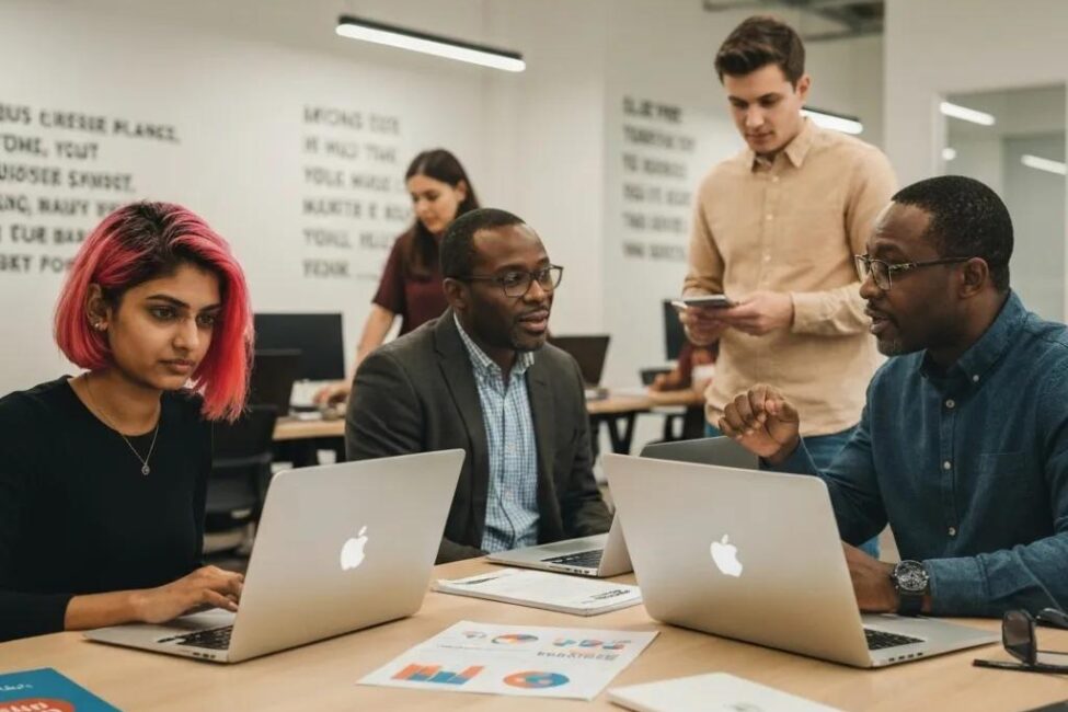 Group of startup entrepreneurs collaborating on digital marketing strategies in a modern office