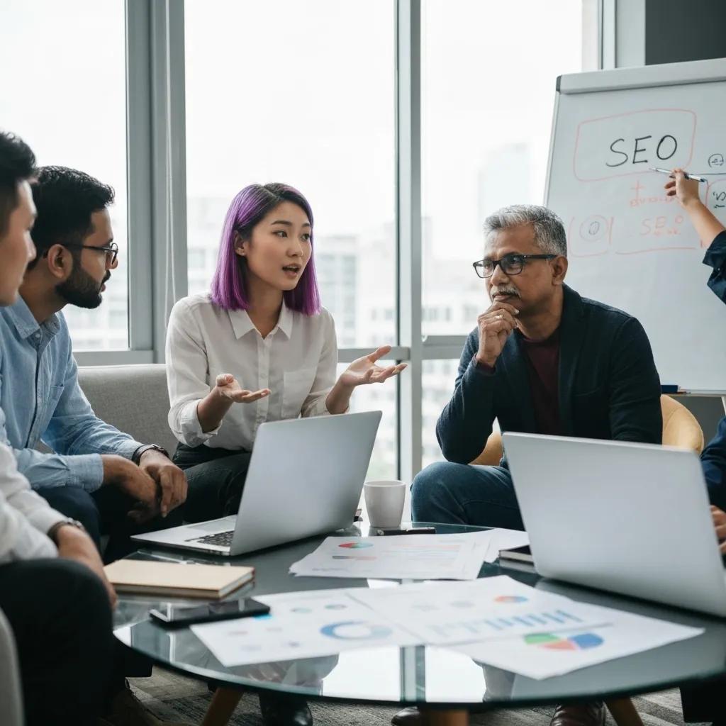 88271bce-9df8-4ad8-b6c4-3e97603545d0.webp Group discussion on SEO strategies with a woman presenting in a modern office setting, laptops and documents visible, emphasizing digital marketing collaboration.