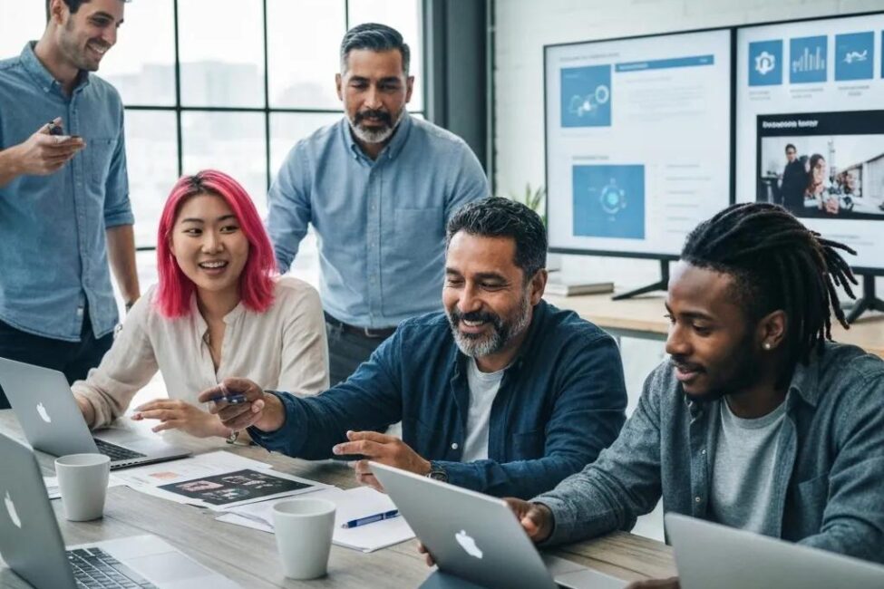 Diverse team collaborating in a modern workspace with digital devices, representing content marketing trends and innovation