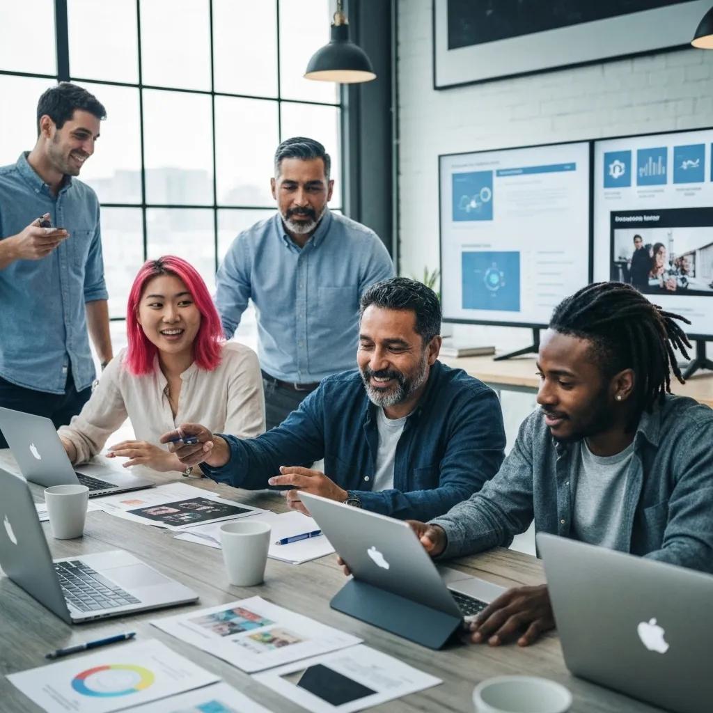 88b8a20b-5af9-4b50-8ff9-18fbe4eb481f.webp Diverse team collaborating in a modern workspace with digital devices, representing content marketing trends and innovation