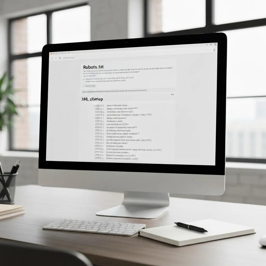 Computer monitor displaying robots.txt and XML sitemap files, emphasizing technical SEO audit elements for website crawlability and indexing.