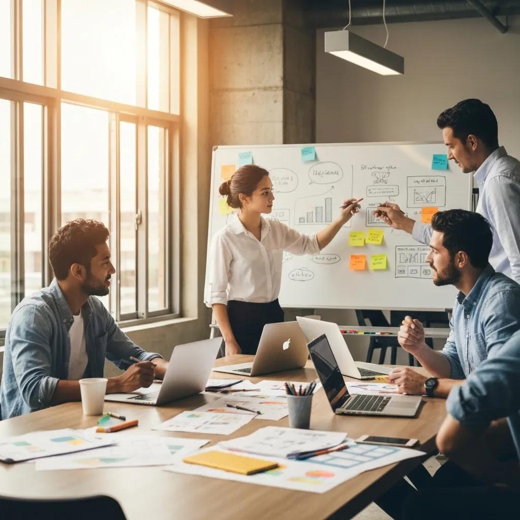 9a98d20c-5935-4e12-b15b-5ecc984708c2.webp Team collaborating in a modern office setting, discussing brand development strategies with charts and notes on a whiteboard, laptops and documents on the table.
